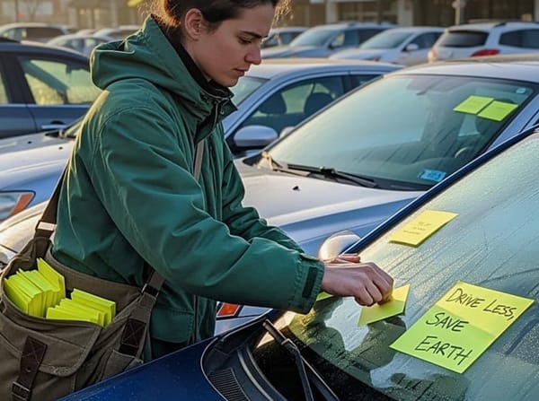 Climate activist covers entire parking lot with sticky notes telling drivers to save Earth
